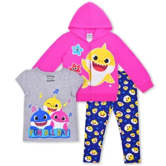 Nickelodeon Girl's 3-Pack Baby Shark Fun All Day Graphic Tee, Zip Up Hoodie and Legging Pant Set for toddler image {7}