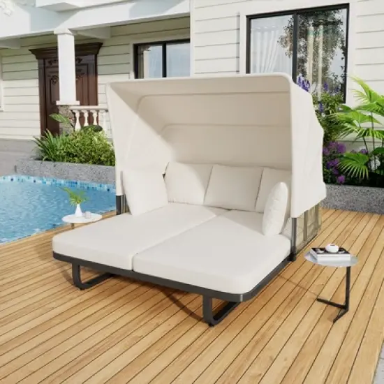 1pc Outdoor Daybed with Retractable Canopy, Rattan Wicker and Water-Repellent Cushions, Removable Pillows Included - Coolbibila image {1}