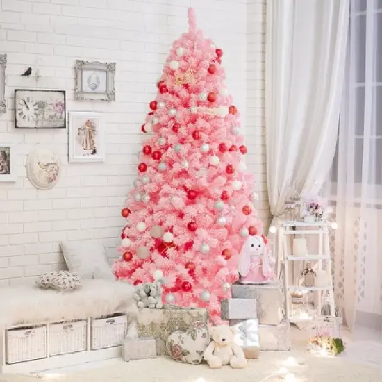 Costway 4.5/6.5/7.5 ft Snow Flocked Hinged Artificial Christmas Tree w/ Metal Stand Pink image {2}