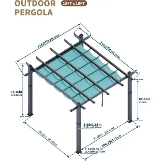 Acekool Aluminum Pergola with Retractable Canopy, Modern Outdoor Sun Shade Shelter image {4}