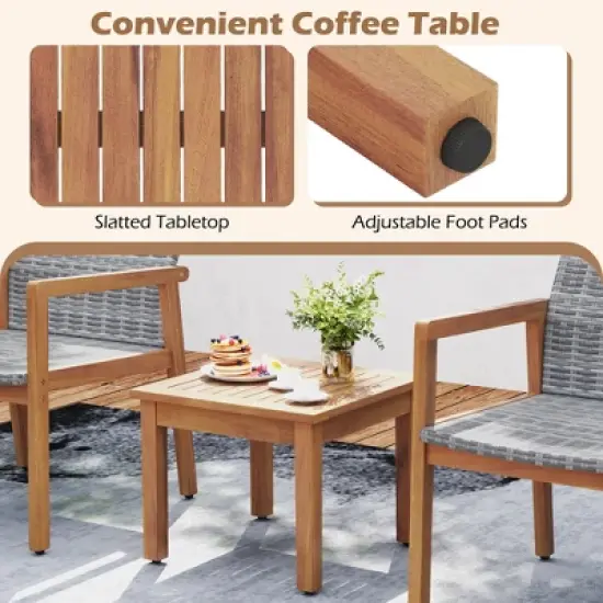 Tangkula 3 Pieces Patio Furniture Set PE Rattan Patio Bistro Set with Chairs & Coffee Table Outdoor Acacia Wood Conversation Set for Garden image {5}