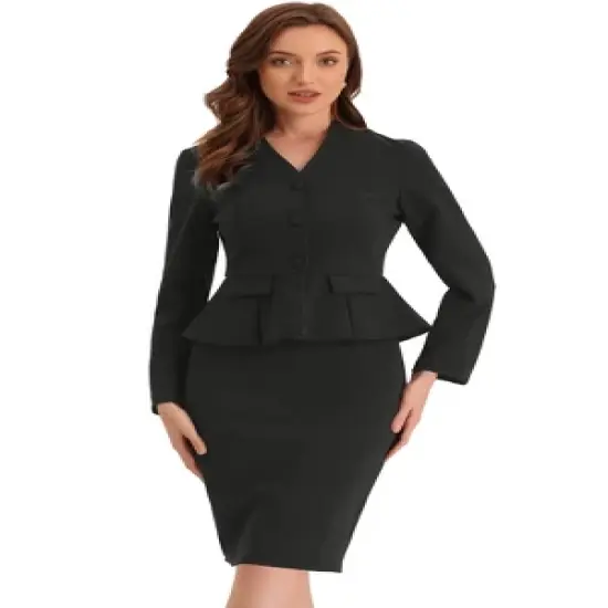 Allegra K Business 2 Piece Suit Set for Women's Long Sleeve Collarless Peplum Blazer Pencil Skirts image {5}