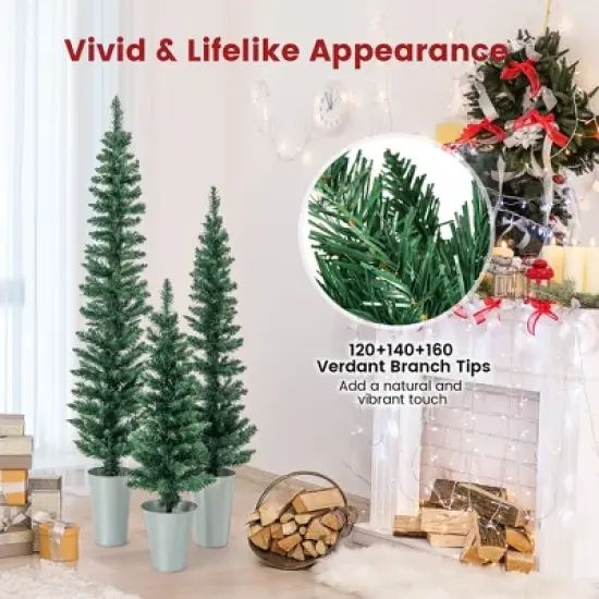 Costway Potted Artificial Christmas Tree Set of 3 with 3/4/5 FT Faux Slim Pencil Trees image {7}
