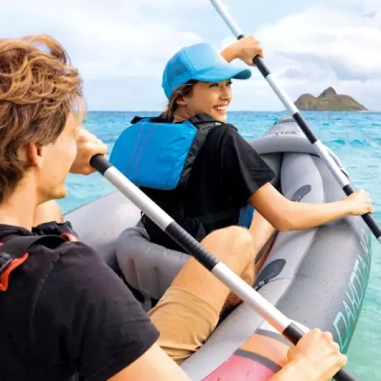 Intex Dakota K2 2 Person Inflatable Vinyl Kayak and Accessory Kit with 86 Inch Oars, Air Pump, and Carry Bag for Lakes and Rivers, Gray and Red image {1}