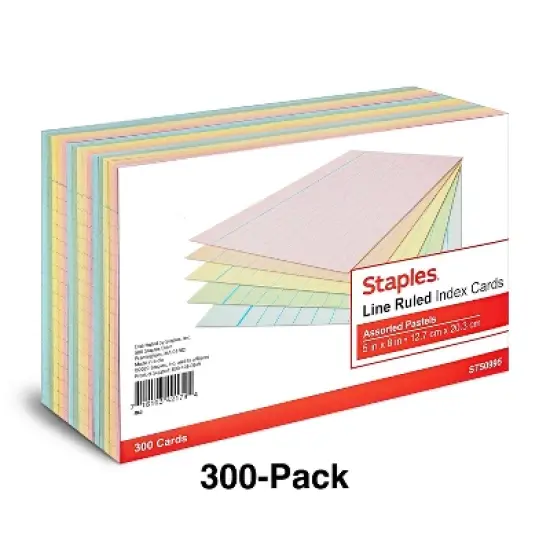 Staples 5" x 8" Line Ruled Assorted Pastel Index Cards 300/Pack (50995) TR50995 image {1}