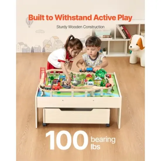 VEVOR Train Table, 100 Multicolor Pieces Wooden Kids Activity Table with Rolling Drawer, 3-in-1 Wooden Train Set for Kids Ages 3+, Multicolor image {4}