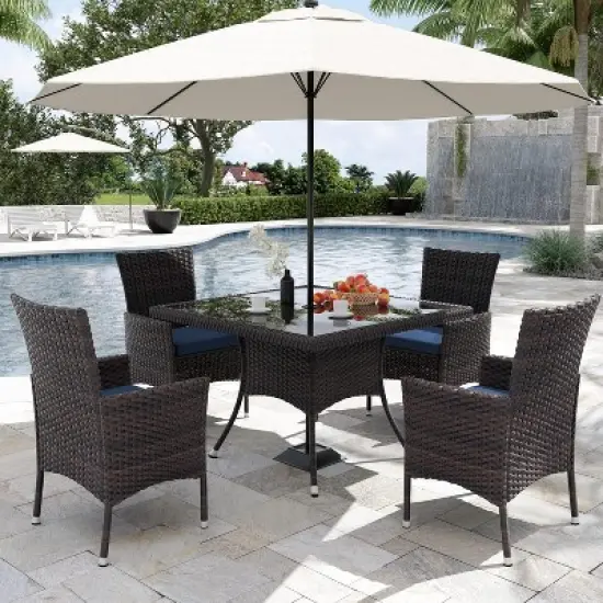 ALAULM Patio Furniture Outdoor Dining Set, Wicker Rattan Patio Dining Table and Chairs Set, Square Tempered Glass Tabletop with Umbrella Set image {7}