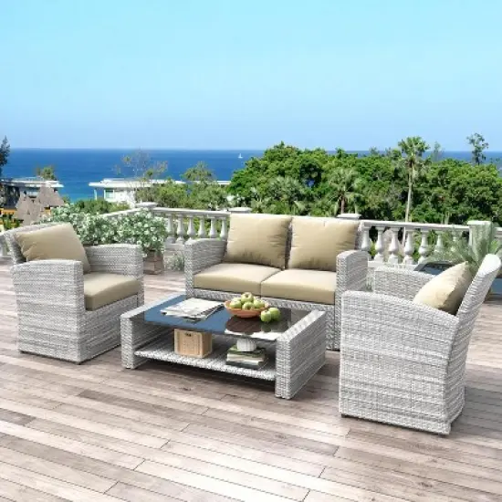 ELJGET 4 Piece Patio Furniture Set Outdoor Wicker Conversation Sets All Weather PE Rattan Sectional Sofa Set with Cushions & Coffee Table image {2}