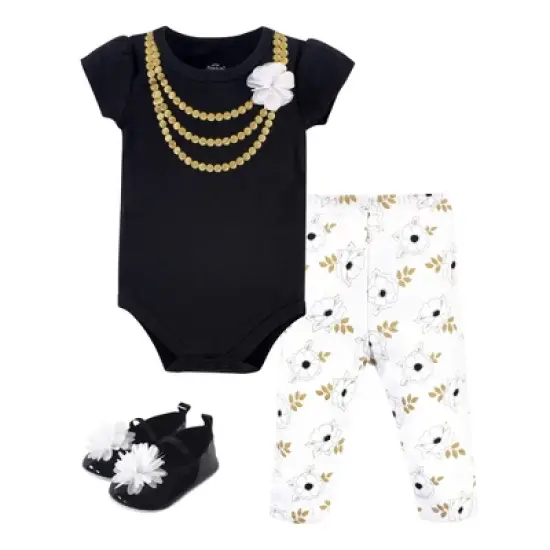 Little Treasure Baby Girl Cotton Bodysuit, Pant and Shoe 3pc Set, White Flower Necklace image {4}