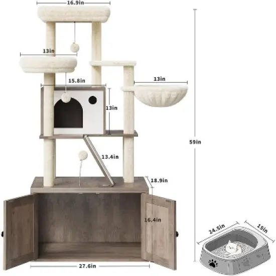 Litter Box Enclosure with Cat Tree Tower and Condo, Hidden Cat Washroom Furniture with Sisal Scratching Post & Soft Plush Perch image {6}