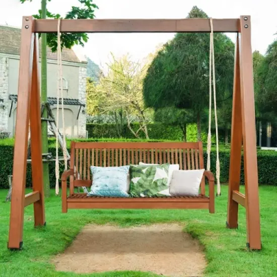 Tangkula 2-Seat Patio Hanging Wooden Porch Swing Bench w/ Cushion image {2}