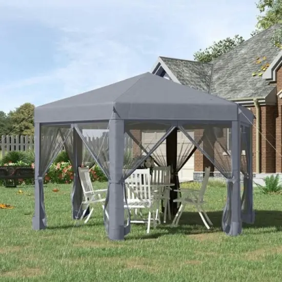 Resenkos Patio Garden Pergola, Pergola Canopy,13' x 11' Hexagonal Pop Up Gazebo with 6 Mesh Sidewall Netting, 3-Level Adjustable Height, Gray Dark image {4}