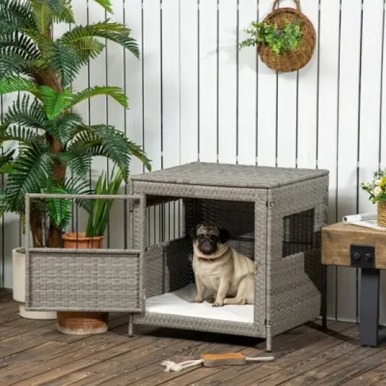 PawHut Rattan Dog Crate Dog Kennel Furniture with Lockable Door and Soft Washable Cushion for Small Sized Dogs, Gray image {2}