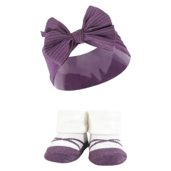 Hudson Baby Infant Girl Headband and Socks Giftset, Purple Green, One Size image {4}