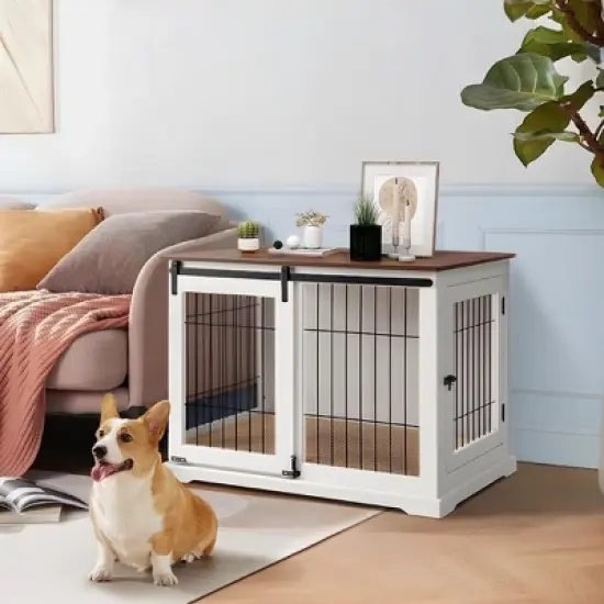 unipaws Wooden Dog Crate &ndash; Sliding Barn Door, Double Doors, Tray & Cushion image {1}