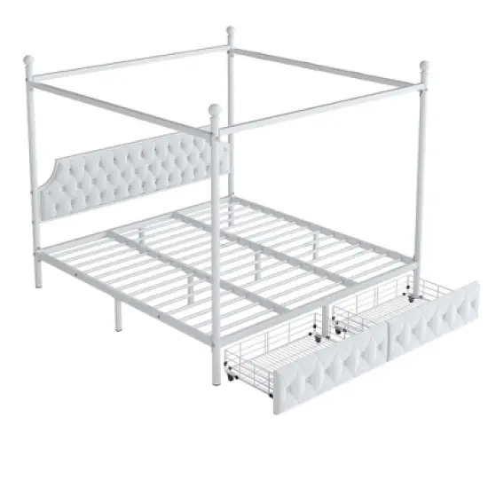 King/Queen Size Metal Canopy Platform Bed Frame with Upholstered Headboard and Two Storage Drawers, White -ModernLuxe image {6}