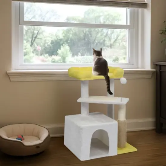 27.5in Cat Tree, Multi-level Cat Tower with Cat Scratching Post and Pad, Cozy Cat Condo, Padded Top Bed for Kittens and Indoor Cats, Yellow & White image {6}