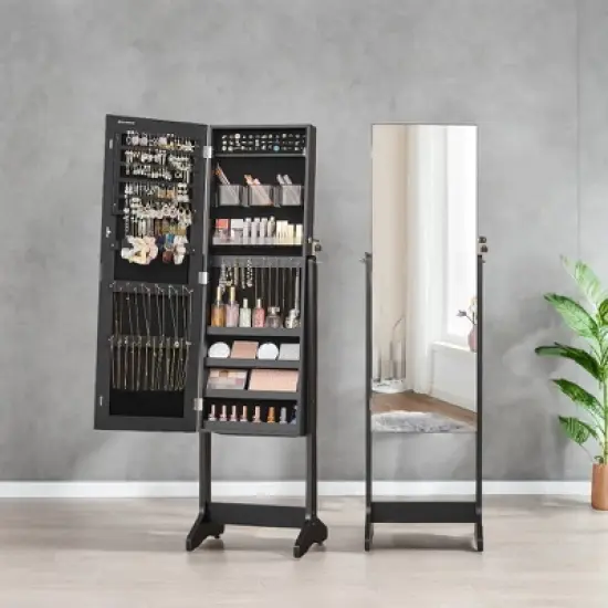 Jewelry Cabinet Armoire, Freestanding Lockable Storage Organizer with 2 Plastic Cosmetic Storage, Full-Length Frameless Mirror for Necklace Earring image {3}