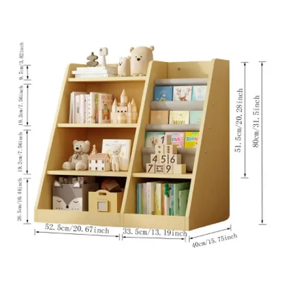 4-Tier Kids Wooden Book Rack and Toy Organizer,Children 2-Sided Storage Bookshelf,Baby Sling Book Rack Shelf for Playroom Bedroom-Baofuwish image {3}