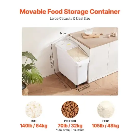 VEVOR Rice Storage Container, 21Gallon/80L Capacity Large Dog Food Dispenser Bin, Kitchen Ingredient Grain Cereal Flour Bin, 1 Pack, White image {7}
