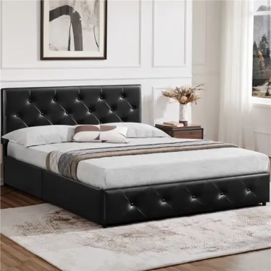 Yaheetech Upholstered Faux Leather Bed Frame with Adjustable Headboard image {1}