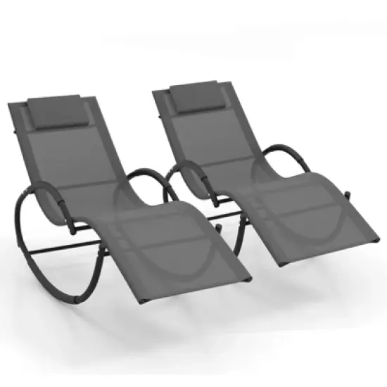 Costway 1/2 PCS Outdoor Rocking Lounge Chair with Removable Headrest Breathable Backrest & Seat Grey image {11}