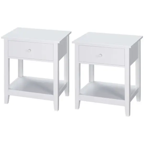 HOMCOM Side Table, Modern End Table with Storage Drawer and Shelf, Nightstand for Bedroom, or Living Room, Set of 2, White image {3}