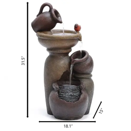 LuxenHome Rustic Brown Resin Pitcher and Urns Birdbath Bowl Outdoor Fountain image {8}