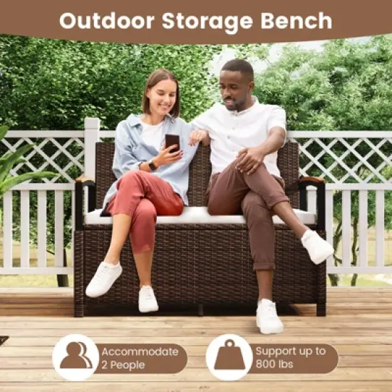 Tangkula Outdoor Storage Bench w/Cushion Backrest & Acacia Wood Armrests Hidden Storage image {7}