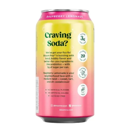 BLOOM NUTRITION Bloom Pop Prebiotic Soda Raspberry Lemonade - 12 fl oz Can image {6}
