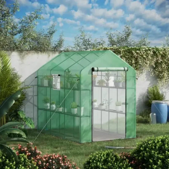 Outsunny 2-Tier Shelf Greenhouse with Door, Windows, PE Cover, Steel Frame for Outdoor Garden Plant & Plant Use, 84.25" x 56.25" x 76.75", Green image {2}