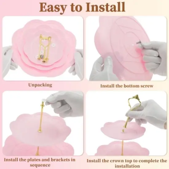 Unique Bargains 3 Tier Dessert Cupcake Stand Holder Round with Tiered Serving Tray for Donuts Fruits Pink Gold Tone image {3}