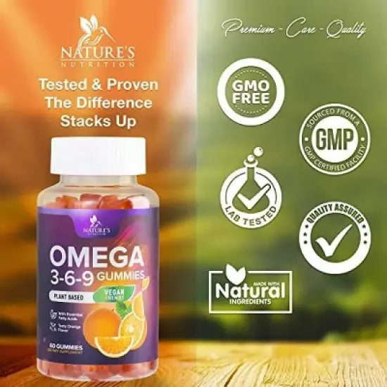 Omega 3 6 9 Vegan Gummies - Triple Strength Omega 3 Supplement Gummy - 369 Heart Support & Brain Support - 60 Gummies By Nature's Nutrition image {3}