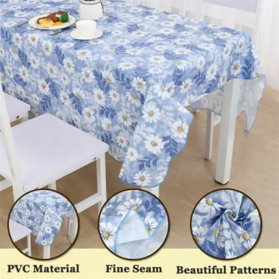 PiccoCasa Square Vinyl Water Oil Resistant Printed Tablecloths Blue Daisy 35"x35" image {3}