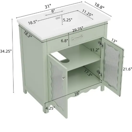 Christopher Knight Home Wiro Modern 31" Bathroom Vanity with Ceramic Sink, Tempered Glass Doors and Adjustable Shelves image {2}