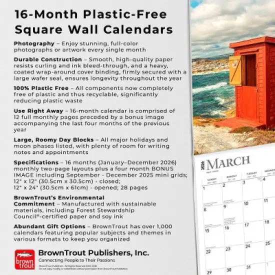 BrownTrout Outhouses 2026 12"x24" Hanging Square Wall Calendar Plastic-Free image {5}