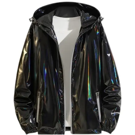 Lars Amadeus Men's Solid Zipper Sparkle Shiny Holographic Hooded Metallic Jacket image {5}
