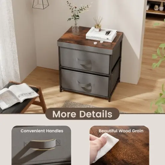 Tangkula 2 Drawer Dresser Fabric Storage Organizer Nightstand Bedside Sofa Table Grey & Rustic Brown image {7}