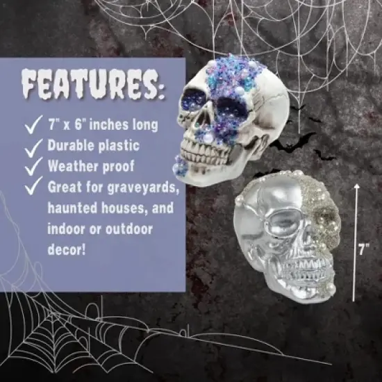 Halloween Pirate Treasure 8" Skulls (2pk) -8" Human Heads with Gem Studded Rhinestones - Indoor Home Decorations, Skeleton Prop Sculptures- Fall Party image {3}