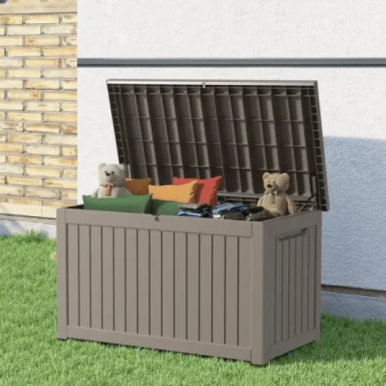 MAYEERTY 230 Gallon Large Capacity Outdoor Deck Box for Patio Furniture Cushions, Pillow with Wheels, Light Brown image {1}