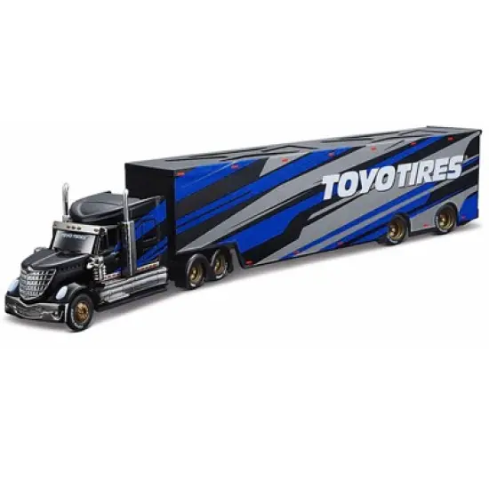 International LoneStar Enclosed Car Transporter "Toyo Tires" Black with Blue and Gray Stripes 1/64 Diecast Model by Maisto image {1}