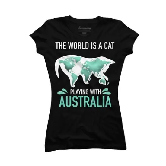Junior's Design By Humans The World Is A Cat Playing With Australia Map By ZeusSE T-Shirt image {3}