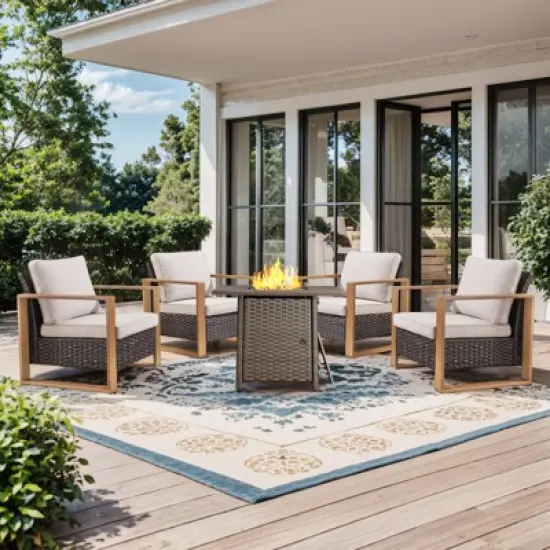 Buenhomino Outdoor Wicker Patio Furniture Set with Fire Pit Table, 5 Pieces Patio Conversation Sets with 4 Outdoor Patio Chairs and 1 Fire Pit Table image {12}