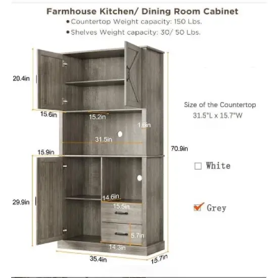 Kitchen Pantry Cabinet with Microwave Stand & Drawers - Tall Hutch Bar Cabinet, Adjustable Shelves, Large Wood Storage for Dining Room, Living Room image {2}