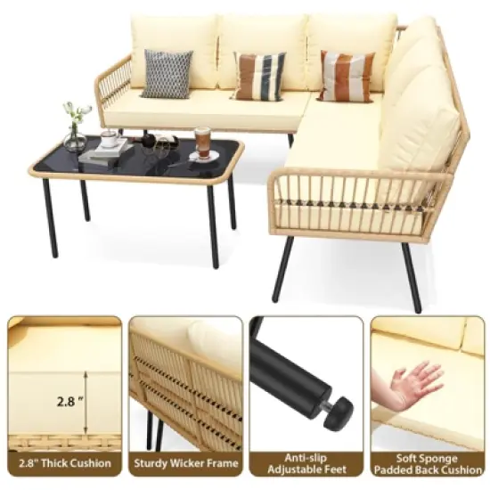 4 Pieces Patio Furniture Sets Wicker Outdoor Sectional L-Shaped with Cushions,Side Table and Chairs Set,Boho Rattan 5 Seater Conversation Sets,Beige image {3}