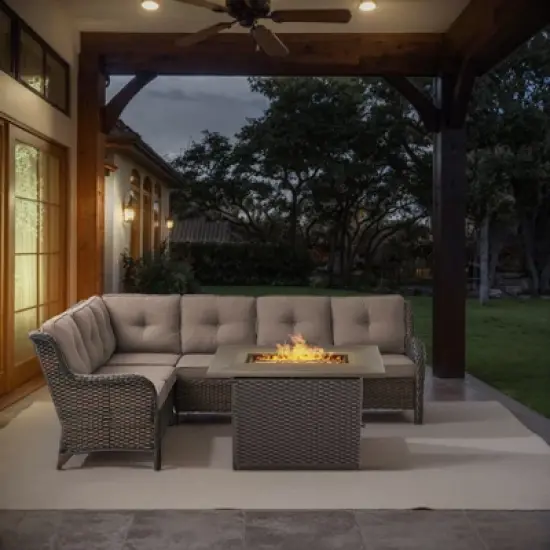 POCASSY Outdoor Sectional Sofa with Fire Pit Table - All Weather Brown Wicker Patio Furniture Set L Shaped Sectional Sofa with Fire Pit Table image {15}