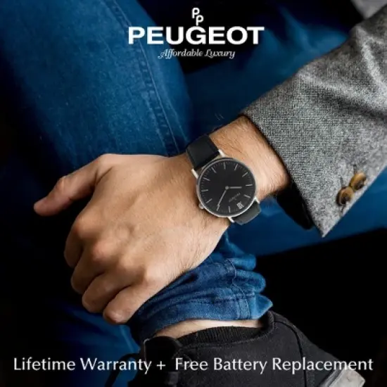 Peugeot Men's 40mm Black Dial Silver Super Slim Case Leather Strap Watch image {2}