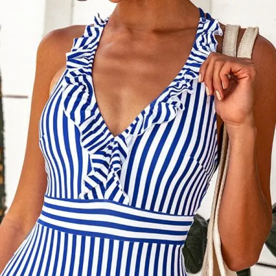 Women's V Neck One Piece Swimsuit Ruffled Back Cross Swimwear-Cupshe -Blue/White image {2}