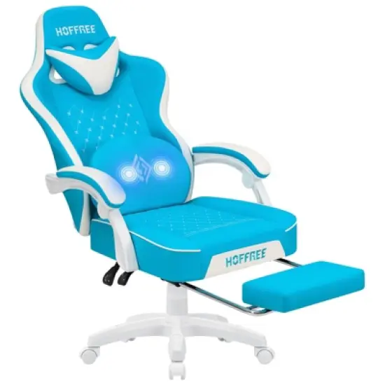 Hoffree Leather Massage Gaming Chair Ergonomic Office PC Chair with Footrest & Adjustable image {17}