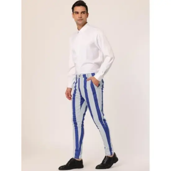 Lars Amadeus Men's Striped Dress Pants Color Block Slim Fit Flat Front Formal Trousers image {3}